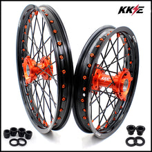 Load image into Gallery viewer, KKE 19"*1.6/16"*1.85 Big Kid's Wheels Rims Set For KTM SX85 2021 2022 2023 2024 Orange Nipples & Black Spokes