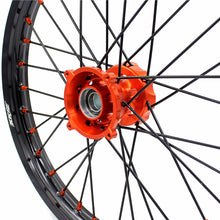 Load image into Gallery viewer, KKE 17/14 Spoked Kid's Small Wheels For KTM SX85 2021-2024 Orange Nipples & Black Spokes