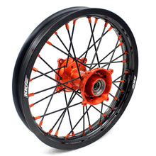 Load image into Gallery viewer, KKE 19"×1.6/16"×1.85 Spoke Kid's Big Wheels Rims Fit KTM SX 85 2003-2020 Orange Nipples &amp; Black Spokes
