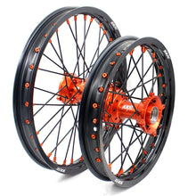 Load image into Gallery viewer, KKE 19"*1.6/16"*1.85 Big Kid's Wheels Rims Set For KTM SX85 2021 2022 2023 2024 Orange Nipples &amp; Black Spokes
