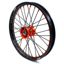 Load image into Gallery viewer, KKE 19"*1.6/16"*1.85 Big Kid's Wheels Rims Set For KTM SX85 2021 2022 2023 2024 Orange Nipples &amp; Black Spokes
