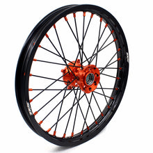 Load image into Gallery viewer, KKE 19"*1.6/16"*1.85 Big Kid's Wheels Rims Set For KTM SX85 2021 2022 2023 2024 Orange Nipples &amp; Black Spokes
