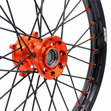 Load image into Gallery viewer, KKE 17/14 Spoked Kid's Small Wheels For KTM SX85 2021-2024 Orange Nipples &amp; Black Spokes

