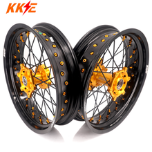 Load image into Gallery viewer, KKE 3.5/4.25 Supermoto Race Wheels For Suzuki RM125 1996-2007 RM250 1996-2008 Gold Nipples
