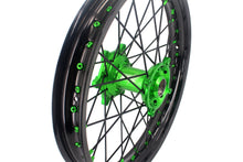 Load image into Gallery viewer, KKE 1.6*21 &amp; 2.15*18 Wheels Rims Fit Kawasaki KX450 2019-2025 KX450X 2021-2025 Green Nipples &amp; Black Spokes
