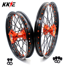 Load image into Gallery viewer, KKE 17/14 Spoked Kid's Small Wheels For KTM SX85 2021-2024 Orange Nipples &amp; Black Spokes

